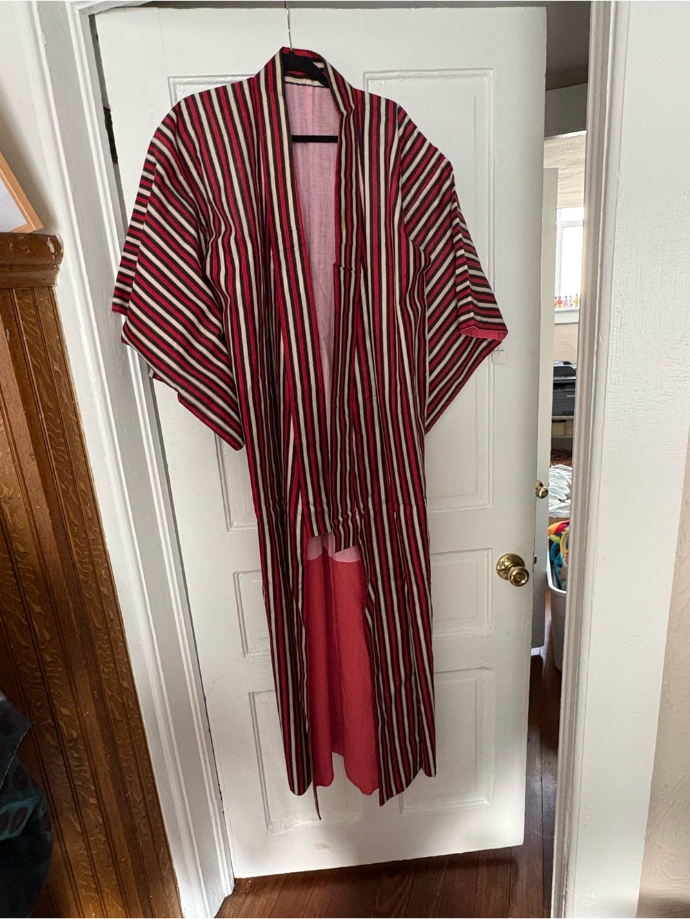 Vintage Striped Open Front Kimono Duster in Red and Black